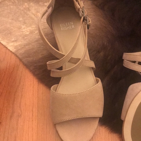 NEW Eileen Fisher women Sandals Kyra tan Nubuck Leather Open Peep Toe Size 7.5 - Picture 9 of 13